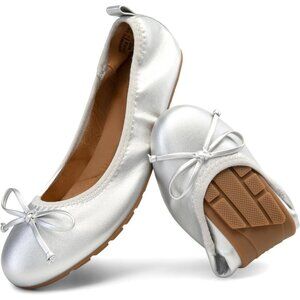 Dream Pairs Women Silver Faux Leather Round Toe Bowknot Foldable Ballerine Shoes